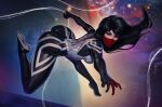  1girl ass black_hair black_suit breasts brown_eyes cindy_moon city highres long_hair looking_at_viewer marvel medium_breasts mrgunn-art red_mask silk silk_(marvel) skin_tight spider-man:_into_the_spider-verse spider-man_(series) spider_web suit superhero swinging 