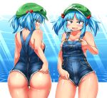  1girl alternate_costume areola_slip ass backboob black_pubic_hair blue_eyes blue_hair blunt_bangs blush breasts closed_mouth commentary_request commission cowboy_shot female_pubic_hair flat_cap green_headwear hair_bobbles hair_ornament hand_under_clothes hat kawashiro_nitori looking_at_viewer medium_bangs medium_breasts medium_hair mismatched_pubic_hair multiple_views naked_overalls open_mouth overalls parted_bangs pubic_hair pubic_hair_peek shimizu_pem shiny_skin sidelocks skeb_commission smile touhou two_side_up v-shaped_eyebrows 