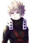  1boy bakugou_katsuki black_bodysuit blonde_hair bodysuit boku_no_hero_academia high_collar highres male_focus parted_lips r1014-chopper short_hair simple_background solo spiked_hair upper_body white_background x 