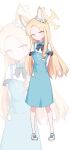  1girl absurdres alternate_costume angel&#039;s_24_uniform_(blue_archive) animal_ear_fluff animal_ears aqua_apron arms_behind_back black_bow black_bowtie blonde_hair blue_archive blush bow bowtie forehead fox_ears full_body gabriel_automatic_subtitle_manual_bot halo highres long_hair looking_at_viewer seia_(blue_archive) shirt shoes simple_background sneakers striped striped_bow striped_bowtie very_long_hair white_background white_shirt zoom_layer 