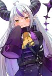  1girl absurdres ahoge ascot black_horns blush braid braided_bangs chain collar grey_hair highres hololive horns kimura_mitsuki la+_darknesss la+_darknesss_(1st_costume) long_hair looking_at_viewer metal_collar multicolored_hair o-ring pointy_ears purple_hair sleeves_past_fingers sleeves_past_wrists smile solo streaked_hair striped_horns virtual_youtuber yellow_ascot 