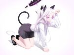  1girl absurdres all_fours alternate_costume animal_ear_fluff animal_ears black_footwear black_skirt blue_archive cat_ears cat_tail collared_shirt commentary_request demon_horns forehead full_body half_updo halo highres hina_(blue_archive) horns kemonomimi_mode korean_commentary legs light_purple_hair long_hair long_sleeves looking_at_viewer nonoa parted_bangs paw_pose pleated_skirt purple_eyes shadow shirt sketch skirt slit_pupils solo tail very_long_hair white_shirt 