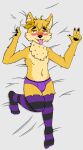  absurd_res alps77 anthro bed_sheet bedding bedroom_eyes blush bulge canid canine canis clothing crown dakimakura_pose dingo gesture girly headgear hi_res legwear male mammal narrowed_eyes seductive solo thigh_highs tongue tongue_out underwear v_sign vtuber whiskey_(whiskeyding0) 