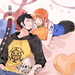  1boy 1girl ^_^ archived_source arm_tattoo bad_id bad_twitter_id black_hair black_skirt blue_tank_top closed_eyes commentary couch earrings facial_hair goatee hat hood hoodie jewelry joman korean_commentary looking_at_another nami_(one_piece) on_couch one_piece orange_hair pillow sideburns single_sidelock skirt sword tank_top tattoo trafalgar_law weapon 
