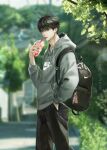  1boy backpack bag bangs black_bag black_eyes black_hair black_pants blurry blurry_background closed_mouth commentary drink drinking_straw hand_in_pocket highres holding holding_drink hood hoodie korean_commentary long_sleeves looking_at_viewer male_focus nike noche_official pants rukawa_kaede short_hair slam_dunk_(series) solo twitter_username 