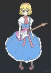  1girl alice_margatroid blonde_hair blue_dress blush boots brown_eyes brown_footwear capelet closed_mouth commentary_request cookie_(touhou) dress electric_guitar expressionless frilled_dress frilled_hairband frilled_necktie frilled_sash frills full_body grey_background guitar hairband highres hinase_(cookie) holding holding_instrument instrument looking_at_viewer medium_bangs necktie niconico pigeon-toed pink_hairband pink_necktie pink_sash sash short_hair simoyuki simple_background solo standing touhou white_capelet 