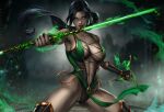  1girl armpits artist_name bare_shoulders black_gloves black_hair breasts breasts_apart bright_pupils center_opening chain collarbone colored_skin dandon_fuga fighting_stance fingerless_gloves floating_hair gloves green_leotard green_ribbon grey_skin holding holding_weapon jade_(mortal_kombat) large_breasts legs_apart leotard long_hair looking_at_viewer mortal_kombat_(series) navel o-ring paid_reward_available red_eyes ribbon solo thighhighs toned two-tone_leotard weapon white_pupils 