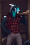  absurd_res anthro blue_body blue_fur cabin clothed clothing felkin fur hi_res horn lumberjack male shen_shepa solo waldoch 
