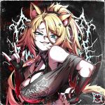  1girl \m/ album_cover animal_ear_fluff animal_ears artist_request bandaid bandaid_on_face bandaid_on_nose black_gloves blonde_hair blue_eyes breasts cat_ears cat_tail cover fingerless_gloves freckles gloves hair_ornament hair_scrunchie hairpin hand_on_own_hip heavy_metal indie_virtual_youtuber jewelry large_breasts looking_at_viewer necklace obkatiekat official_art ponytail scrunchie smirk tail third-party_source upper_body 