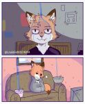  anthro bucket canid canine coffee_mug cold container depressing fox fur furniture littlefox_24-7 male mammal mantle orange_body orange_fur painting_(artwork) raining sofa solo spanish_text television text traditional_media_(artwork) water 