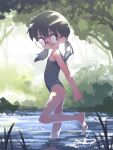  1girl arms_behind_back ass bare_shoulders barefoot black_eyes black_hair black_one-piece_swimsuit closed_mouth day flat_chest foliage foot_out_of_frame from_side glasses grass hair_between_eyes hair_tie highres in_water long_hair looking_at_viewer one-piece_swimsuit orenji_(wholesomeorenji) original outdoors round_eyewear smile solo splashing split_mouth standing standing_on_one_leg straight_hair swimsuit tree twintails 