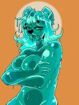 &lt;3 anthro bear blue_body blue_hair bubbly_bubblegum crossed_arms dripping eyebrows female giant_panda goo_creature goo_hair green_eyes hair lani_(bubbly_bubblegum) looking_at_viewer mammal pseudo_hair simple_background slime solo tongue tongue_out 