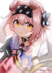  1girl 3: absurdres animal_ears arknights black_choker black_hairband blue_bow blush bow bracelet braid cat_ears choker closed_mouth goldenglow_(arknights) hair_bow hairband highres infection_monitor_(arknights) jacket jewelry lightning_bolt_print long_hair long_sleeves looking_at_viewer off_shoulder open_clothes open_jacket pink_hair pink_jacket rau_ma_(the_rauma001) shirt single_braid solo upper_body white_shirt yellow_eyes 