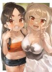  2girls black_hair black_shorts blonde_hair blush breasts brown_eyes cleavage conte_di_cavour_(kancolle) dress grin hair_between_eyes highres kantai_collection large_breasts long_hair looking_at_viewer multiple_girls navel nisshin_(kancolle) open_mouth short_eyebrows shorts sidelocks smile toka_(marchlizard) v white_dress 