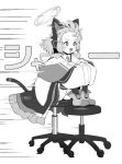  1girl animal_ear_headphones animal_ears blue_archive blush cat_tail chair fake_animal_ears greyscale halo headphones highres jacket long_sleeves momoi_(blue_archive) monochrome open_mouth pretty_mundane short_hair simple_background solo speed_lines tail thighhighs two-sided_fabric two-sided_jacket white_background wide_sleeves 