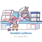  2girls animal_ears apron baozi barcode_scanner blue_apron blush_stickers brown_hair cash_register chibi commentary convenience_store counter eating english_commentary english_text food hakos_baelz highres hololive hololive_english instagram_username looking_at_another monja_(monja0521) mouse_ears multiple_girls pixiv_username ponytail red_hair shop simple_background strawberry_baelz twitter_username white_background yellow_overalls 