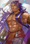  1boy abs absurdres bare_pectorals bhima_(fate) dark-skinned_male dark_skin fate/grand_order fate_(series) feet_out_of_frame highres indian_clothes large_pectorals long_hair looking_at_viewer male_focus muscular muscular_male nasubi_illust navel no_nipples pectorals pelvic_curtain purple_eyes purple_vest smile solo vest 