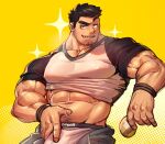  1boy bara beard_stubble black_hair clothes_lift clothes_writing come_hither covered_nipples cowboy_shot crotch_grab erection highres huge_eyebrows large_hands large_pectorals looking_at_viewer lucas_lee male_focus male_underwear mature_male midriff_peek muscular muscular_male navel navel_hair open_fly paid_reward_available pectorals raised_eyebrow scott_pilgrim_takes_off seductive_smile shirt shirt_lift short_hair smile solo sparkling_aura strongman_waist tight_clothes tight_shirt underwear vorusu white_male_underwear 