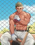  1boy abs bara baseball_bat baseball_cap baseball_uniform drinking fence gloves hat highres large_pectorals light_frown looking_at_viewer male_focus muscular muscular_male navel original pectorals short_hair sideburns solo sportswear spread_legs stomach thick_eyebrows topless_male v-shaped_eyebrows youchi123 