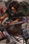  1boy black_hair blood cape furrowed_brow grey_background holding holding_sword holding_weapon hungry_clicker levi_(shingeki_no_kyojin) long_sleeves looking_at_viewer male_focus motion_blur sanpaku serious shingeki_no_kyojin short_hair simple_background solo sword three-dimensional_maneuver_gear weapon 
