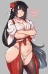  1girl agawa_ryou black_hair bow breasts cleavage cowboy_shot crossed_arms dated english_commentary frown fundoshi garter_straps gradient_hair hair_bow hakama japanese_clothes large_breasts light_frown long_hair looking_at_viewer multicolored_hair navel nontraditional_miko original red_bow shide_hair_ornament signature simple_background sleeves_rolled_up solo tasuki thighhighs very_long_hair wide_hips 