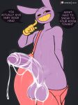  anthro balls biped bodily_fluids clothing cum dialogue english_text erection genital_fluids genitals hi_res jax_(the_amazing_digital_circus) lagomorph leporid male mammal oro97 penis purple_body rabbit simple_background solo text 