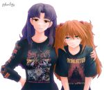  2girls absurdres artist_name black_shirt blue_eyes brown_eyes closed_mouth dying_fetus_(band) hairpods highres kanpaithighs katsuragi_misato long_hair long_sleeves multiple_girls neon_genesis_evangelion orange_hair parted_bangs print_shirt purple_hair shirt souryuu_asuka_langley white_background 