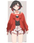  1girl ar_jart artist_name black_hair blunt_bangs blush border breasts cardigan closed_mouth collarbone gradient_hair grey_eyes hair_between_eyes heart heart_print looking_at_viewer multicolored_hair open_cardigan open_clothes red_cardigan red_hair ruby_rose rwby short_hair short_shorts shorts simple_background small_breasts smile solo tank_top 