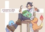  1boy animal_on_lap augustine_sycamore black_hair black_pants blue_eyes bright_pupils brown_footwear bulbasaur character_name charmander copyright_name crossed_legs dated fingernails flame-tipped_tail green_eyes hair_brush holding_hair_brush male_focus nomura_(arumon) on_lap one_eye_closed open_mouth pants pokemon pokemon_(game) pokemon_xy red_eyes short_hair sitting squirtle starter_pokemon_trio teeth white_pupils wooden_chair wristband 