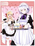  2girls absurdres aila_paivikki_linnamaa apron black_dress blonde_hair blue_eyes braid cup dress frilled_apron frills highres holding holding_tray long_hair luminous_witches lyudmila_andreyevna_ruslanova maid maid_apron maid_headdress mc_axis multiple_girls official_art sakimoto_sayuri scan short_hair skirt tea_set teapot tray twin_braids white_apron white_hair world_witches_series yellow_eyes 