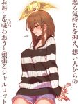 1girl black_sweater blue_shorts blush braid breasts brown_hair charlotte_corday_(fate) collarbone fate/grand_order fate_(series) green_eyes large_breasts mitsurugi_sugar pout short_hair short_shorts shorts side_braid striped striped_sweater sweater translation_request two-tone_sweater white_sweater 