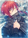  1boy asymmetrical_hair blurry blurry_background chi_yu commentary_request covered_mouth earrings ensemble_stars! hand_up jewelry long_sleeves looking_at_viewer male_focus multicolored_hair partial_commentary plaid plaid_scarf red_hair sakasaki_natsume scarf short_hair snowing solo streaked_hair stud_earrings two-tone_hair upper_body white_hair winter yellow_eyes 
