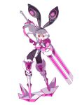  1girl animal_ears arm_up armored_boots blush boots bright_pupils disgaea disgaea_rpg finger_to_mouth full_body highres holding holding_sword holding_weapon huge_weapon long_sleeves looking_at_viewer non-web_source official_art photoshop_(medium) pink_eyes pink_theme rabbit_ears rabbit_tail short_hair smile solo standing sword tail transparent_background usalia_(disgaea) weapon white_hair 