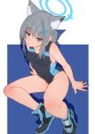  1girl animal_ear_fluff animal_ears black_footwear blue_archive blue_background blue_eyes blue_halo breasts commentary_request cross_hair_ornament fu-ta grey_hair hair_ornament halo highres legs looking_at_viewer medium_breasts official_alternate_costume one-piece_swimsuit shiroko_(blue_archive) shiroko_(swimsuit)_(blue_archive) shoes sitting sneakers solo swimsuit thighs two-tone_background white_background 