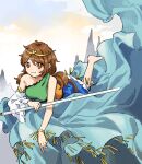  1girl barefoot blue_dress blush brown_eyes brown_hair circlet closed_mouth detached_sleeves dress green_dress highres holding kaigen_1025 long_hair low_twintails multicolored_clothes multicolored_dress orange_dress single_detached_sleeve smile solo son_biten test_tube touhou twintails unfinished_dream_of_all_living_ghost white_sleeves 