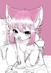  2023 absurd_res all_fours anthro bedding black_nose blep blush bodily_fluids breasts canid canine clothing eyelashes featureless_crotch female fingers front_view furniture hair hand_in_hair hanging_breasts hi_res hibiki_(oposa) inner_ear_fluff kemono leaning leaning_forward looking_at_viewer mammal monochrome nipples nude open_mouth oposa pink_background simple_background sketch sofa solo sweat tongue tongue_out touching_hair tuft underwear 