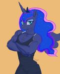  2023 anthro blue_body blue_fur blue_hair clothed clothing collarbone crossed_arms equid equine eyebrows eyelashes female friendship_is_magic fur green_eyes hair hasbro horn long_hair looking_at_viewer mammal muscular my_little_pony princess_luna_(mlp) raikoh-illust smile solo unicorn 