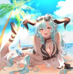  1girl :d absurdres bare_shoulders beach bikini black_bikini black_horns blue_sky breasts cleavage cloud collarbone cup curled_horns day draph eyewear_on_head fangs fediel_(granblue_fantasy) fingernails granblue_fantasy grey_hair hair_between_eyes hatake_oekaki highres holding holding_cup horns large_breasts long_fingernails long_hair looking_at_viewer lying nail_polish ocean on_stomach outdoors palm_tree pointy_ears purple_nails semi-rimless_eyewear signature sky smile solo sunglasses swimsuit tree under-rim_eyewear very_long_hair 