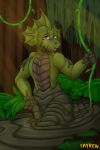  2023 anthro dr.chips eyelashes forest green_body green_scales hi_res jungle lizard looking_at_viewer male mud muddy nude plant quicksand red_eyes reptile scales scalie sharp_teeth solo teeth tree vines 