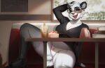  anthro bear boots cake camel_toe clothed clothing coffee_cup coffee_shop container cup dessert eyewear female food footwear giant_panda glasses hand_behind_head hyattlen inside leaning leaning_back long_sleeves mammal open_mouth panties restaurant sitting smile solo underwear 