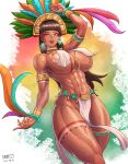  1girl abs armlet artist_name aztec black_hair bracelet breast_curtains breasts brown_eyes chel_(the_road_to_el_dorado) dark-skinned_female dark_skin dated earrings highres jewelry kongman99 large_breasts long_hair looking_at_viewer muscular muscular_female navel pelvic_curtain revealing_clothes solo the_road_to_el_dorado thick_thighs thighs 