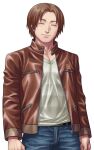  1boy arms_at_sides belt brown_hair brown_jacket buttons closed_eyes closed_mouth denim facing_viewer fusaishi_haruaki jacket jeans kagelow long_sleeves male_focus official_art open_clothes open_jacket pants raging_loop short_hair solo tachi-e third-party_source transparent_background variant_set zipper zipper_pull_tab 