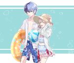  1boy 1girl alternate_costume artist_name ball blonde_hair blue_hair dark_blue_hair dated drawstring fingernails floral_print grey_eyes hat highres holding holding_ball holding_innertube hood hood_down innertube jacket jacket_over_swimsuit long_sleeves midriff mole mole_under_eye moon_1014 multicolored_hair open_clothes open_jacket open_mouth project_sekai short_hair short_sleeves short_twintails shorts signature split-color_hair sun_hat swimsuit twintails two-tone_hair 