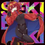  1girl akatsuki_records black_bodysuit black_footwear black_gloves blue_bow bodysuit bow cape colored_shoe_soles covered_navel gloves highres red_cape red_eyes red_hair rock_&#039;n&#039;_rock_&#039;n&#039;_beat sekibanki sekibanki_day solo touhou yami_nabe 