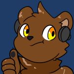  2023 anthro bear bearphones blue_background brown_bear brown_body brown_fur fur gesture grizzly_bear headphones looking_at_viewer male mammal neck_tuft orange_eyes prate-dragon reaction_image simple_background slight_smile solo thumbs_up tuft ursine 