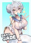  ahoge azur_lane breasts covered_navel double_bun food food_in_mouth grey_eyes grey_hair hair_bun hair_intakes highres ice_cream innertube jade_(a_lick_of_summer)_(azur_lane) jade_(azur_lane) kive large_breasts neckerchief official_alternate_costume one-piece_swimsuit popsicle popsicle_in_mouth sailor_collar sailor_one-piece_swimsuit swimsuit v white_innertube white_neckerchief white_one-piece_swimsuit 