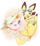  accessory ambiguous_gender aquas02 blue_eyes blush brown_eyes clothing eyewear eyewear_on_head feral fur generation_1_pokemon generation_2_pokemon goggles goggles_on_head group hat headband headgear headwear jigglypuff nintendo pichu pikachu pink_body pink_fur pokemon pokemon_(species) simple_background smile sun_hat trio yellow_body yellow_fur 