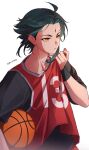  1boy alternate_costume ball basket basketball_(object) basketball_uniform black_shirt clothes_lift facial_mark forehead forehead_mark genshin_impact green_hair highres holding holding_basket jk_4140 male_focus multicolored_hair shirt shirt_lift short_hair solo sportswear xiao_(genshin_impact) yellow_eyes 