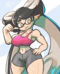  2023 animal_humanoid athletic athletic_female athletic_humanoid biceps big_breasts black_hair bottomwear bra breasts callie_(splatoon) cephalopod cephalopod_humanoid cleavage clothed clothing crop_top curvy_figure digital_drawing_(artwork) digital_media_(artwork) dreamerknight ear_piercing ear_ring eyelashes female fingers flexing flexing_bicep hair hand_on_hip hand_on_own_hip hi_res hourglass_figure humanoid humanoid_pointy_ears inkling light-skinned_female light_body light_skin long_hair looking_at_viewer marine marine_humanoid midriff mollusk mollusk_humanoid multicolored_hair muscular muscular_female muscular_humanoid muscular_thighs navel nintendo not_furry piercing pseudo_hair ring_piercing shirt shorts side_boob signature simple_background small_waist smile solo splatoon sports_bra tan_hair tentacle_hair tentacles thick_thighs topwear two_tone_hair underwear v-cut voluptuous wide_hips workout_clothing yellow_eyes 