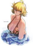  1girl ahoge aosora2823 bikini bikini_top_only blonde_hair blush breasts cleavage collarbone expressionless halterneck highres large_breasts marguerite_(one_piece) one_piece partially_submerged print_bikini refraction sideways_glance simple_background solo swimsuit twitter_username upper_body white_background 